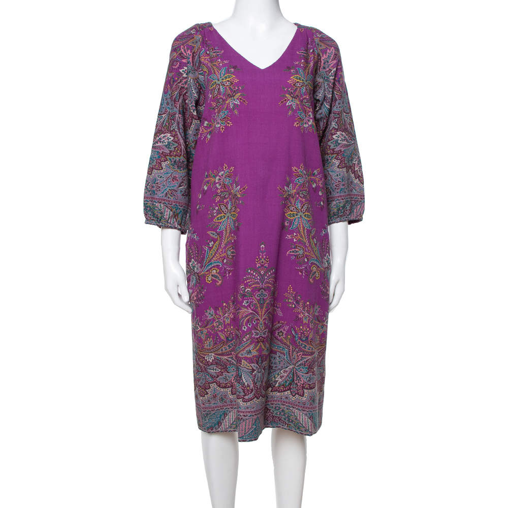 Pre Owned Etro Purple Floral Print Wool Shift Dress M