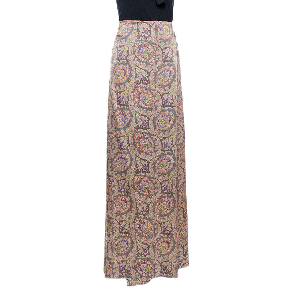 Pre Owned Etro Greige Paisley Print Silk Satin Maxi Skirt L