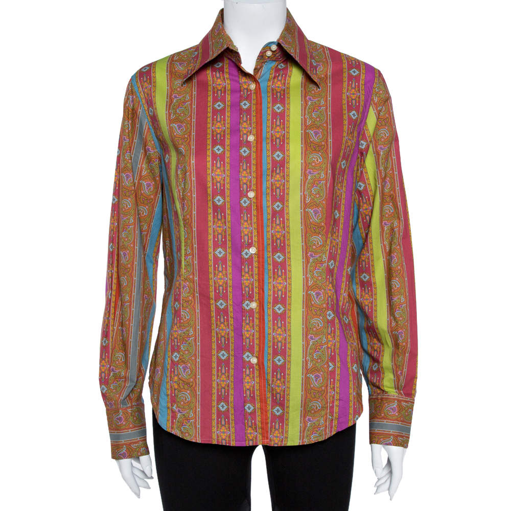 Pre Owned Etro Orange Cotton Floral Striped Button Front Shirt L