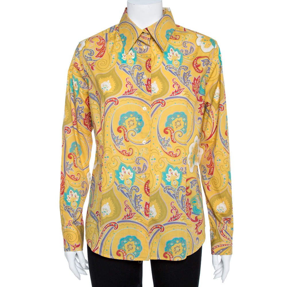 Pre Owned Etro Yellow Paisley Print Stretch Cotton Shirt L
