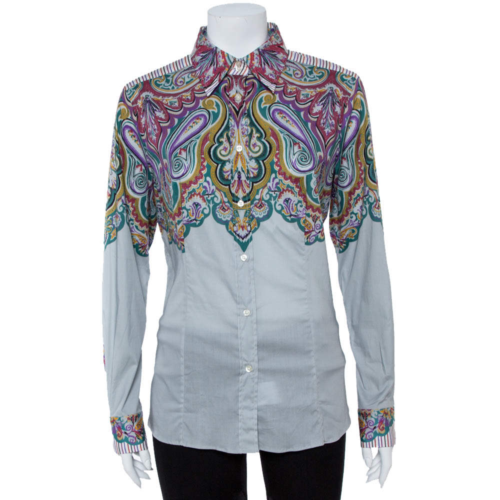 Pre Owned Etro Grey Cotton Half Print Half Plain Full Sleeve Shirt L