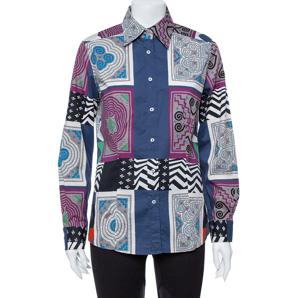 Etro Multicolor Patchwork Print Cotton Button Front Shirt L