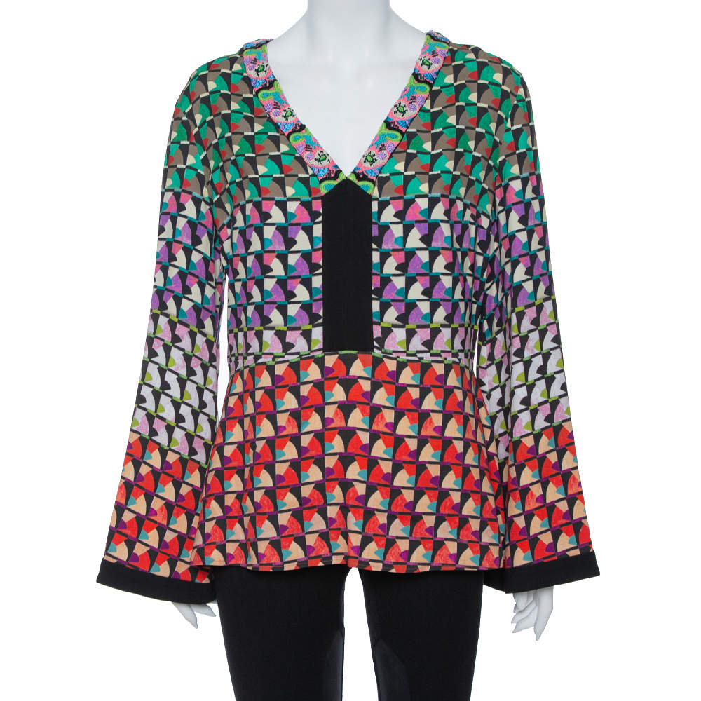 Etro Multicolor Knit  Abstract Print Embellished Plunge Neck Detail Top L