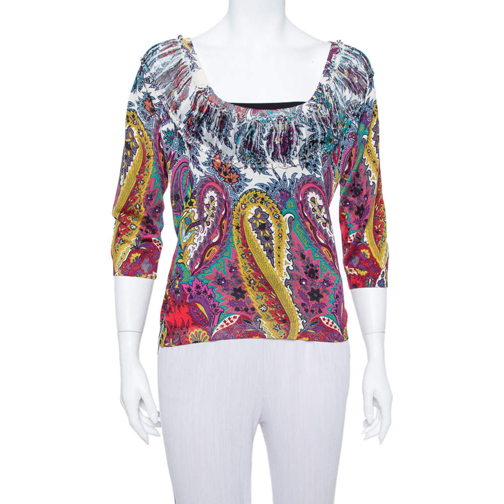 مملوكة مسبقًا Etro Multicolor Paisley Printed Silk Knit Top L