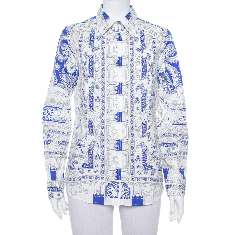 Pre Owned Etro White & Blue Abstract Printed Cotton Button Front Shirt L 