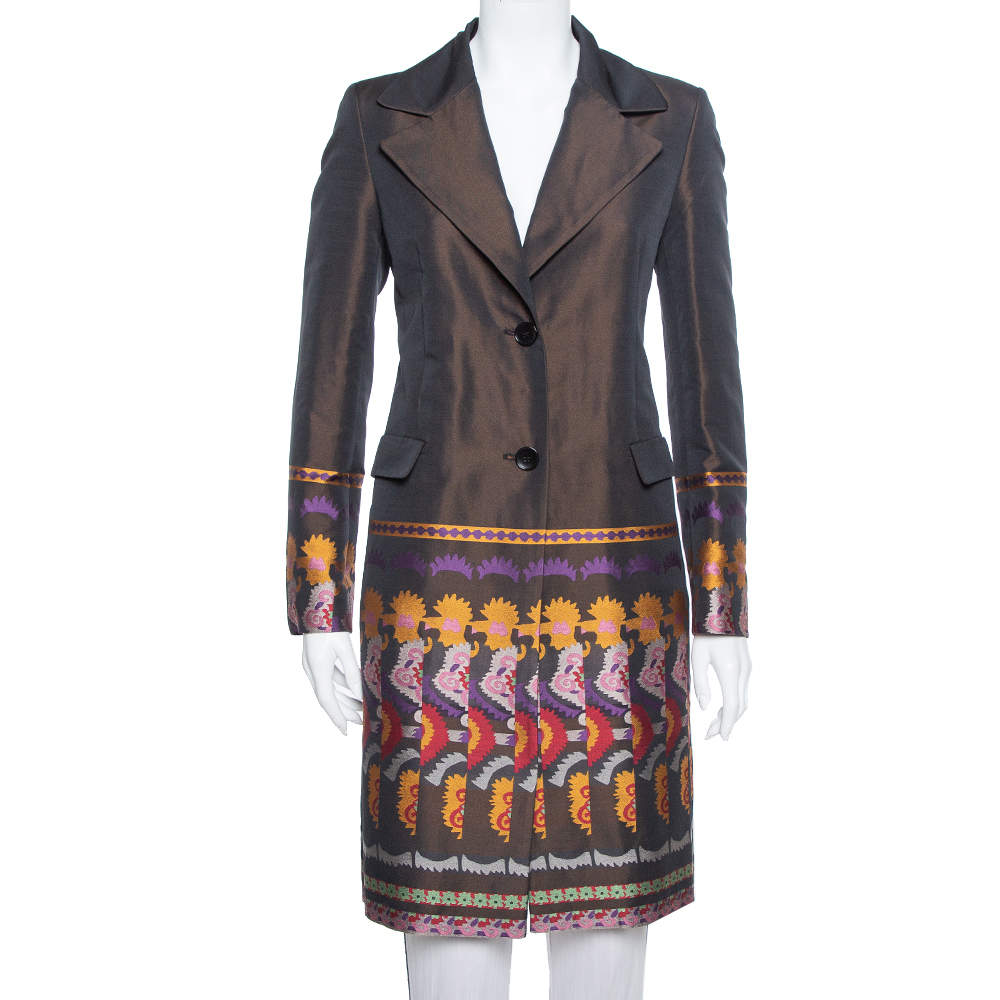 Pre Owned Etro Brown Brocade Detail Wool Mid Length Light Weight Coat M