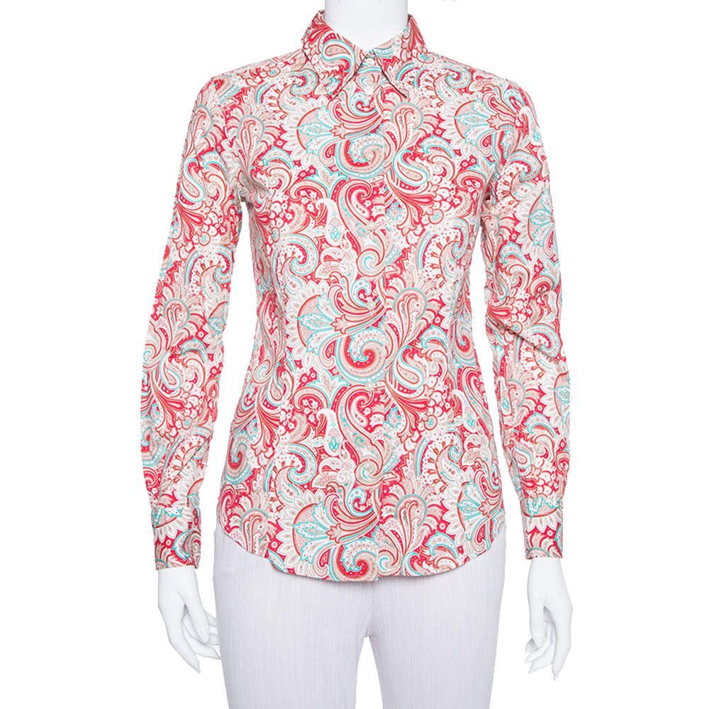 Pre Owned Etro Red Paisley Printed Stretch Cotton Button Front Shirt S