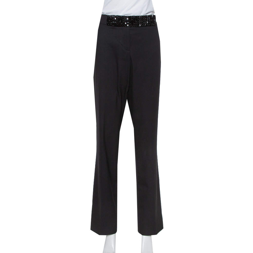 مملوكة مسبقًا Etro Black Wool Embellished Waist Detail Trousers L