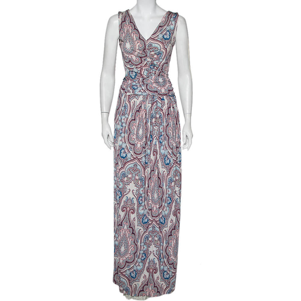 Pre Owned Etro Multicolor Paisley Printed Knit Ruched Belted Detail Maxi Dress M