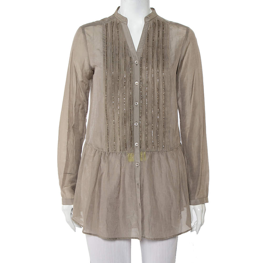 Etro Grey Cotton & Silk Beaded Detail Button Front Tunic M