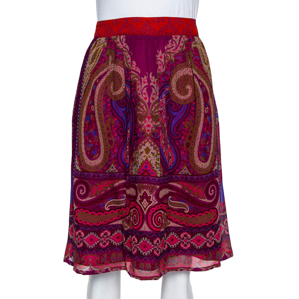 Pre Owned Etro Purple Paisley Printed Silk Mini Skirt M