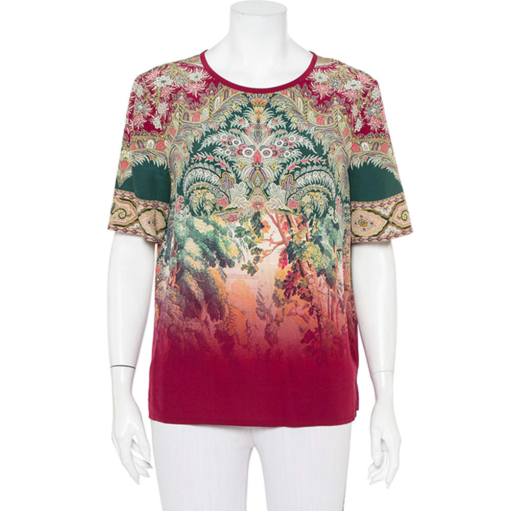Pre Owned Etro Multicolor Paisley Printed Silk Ombre Effect Short Sleeve Top M