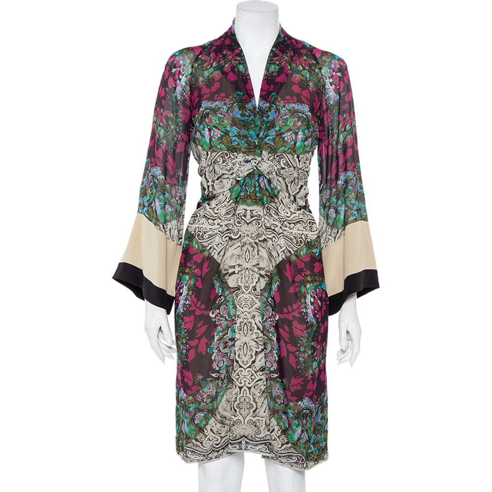 Etro Multicolor Paisley Printed Silk Draped Detail Midi Dress M