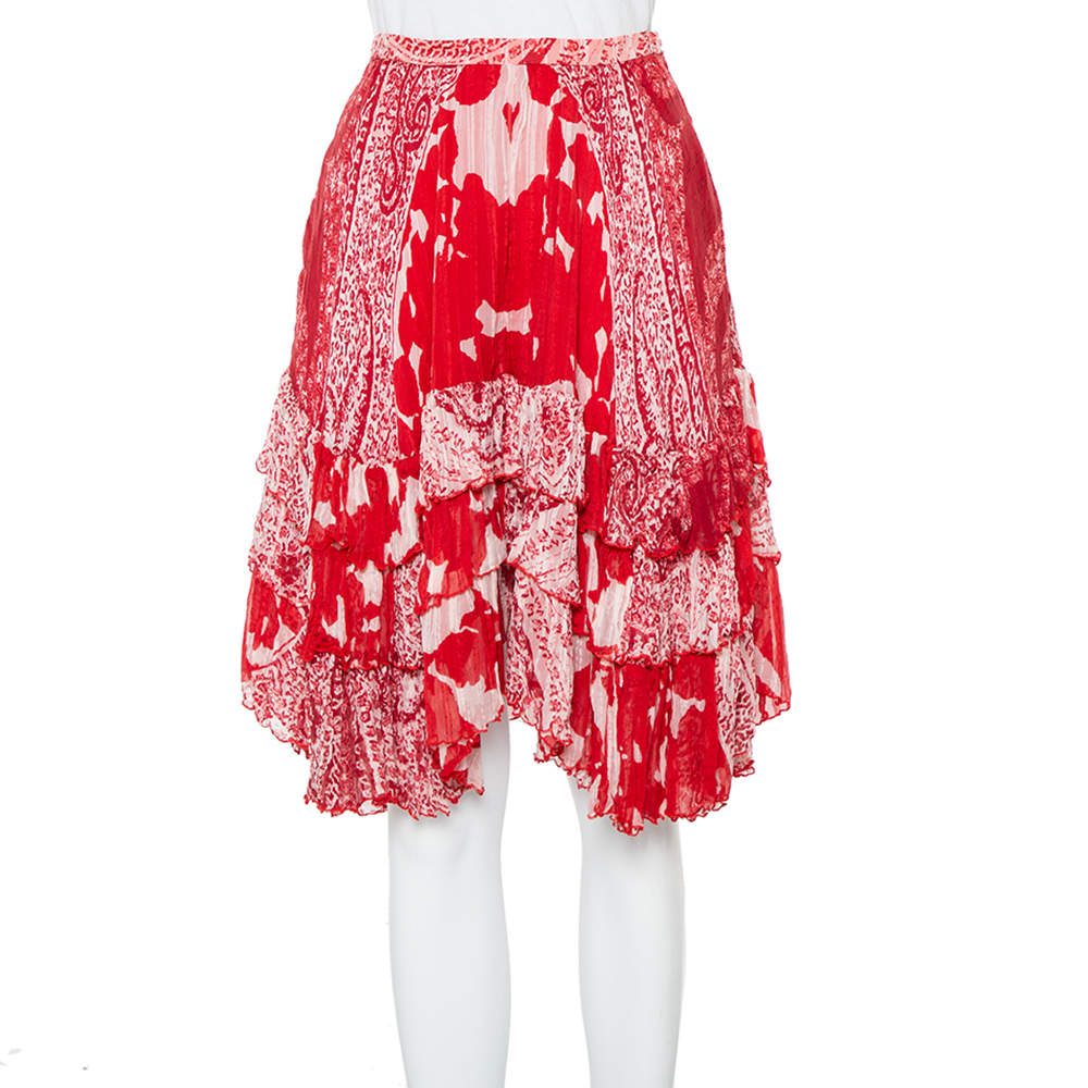 Pre Owned Etro Red Printed Silk Tiered Mini Skirt S