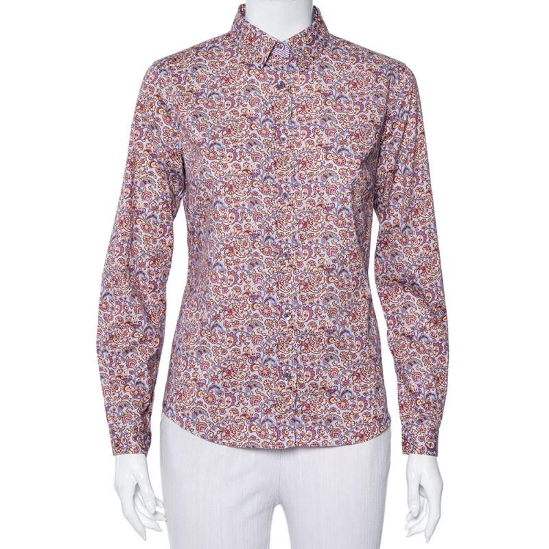 قميص إيترو قطن بنفسجي بطباعة الزهور بأزرار أمامية مقاس متوسط - ميديوم
