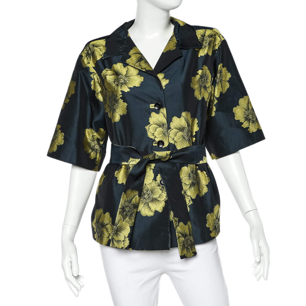 Pre Owned Etro Midnight Blue Floral Silk Jacquard Belted Lightweight Jacket S