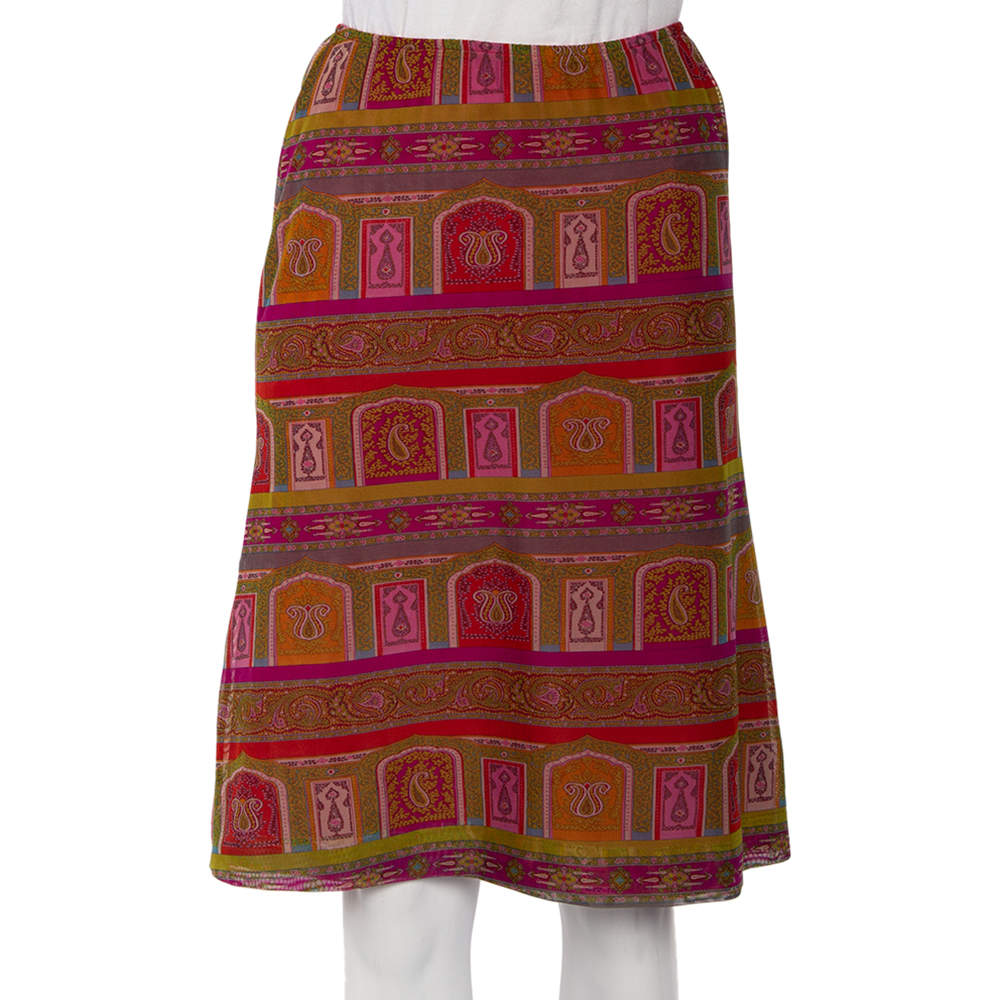 Pre Owned Etro Multicolor Paisley Printed Mesh Knit A-Line Skirt M