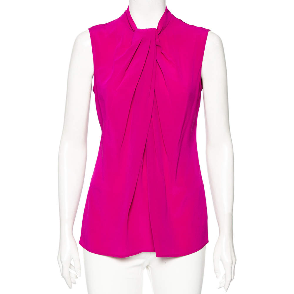 Etro Fuchsia Silk Pleated Overlay Yoke Detailed Sleeveless Blouse M