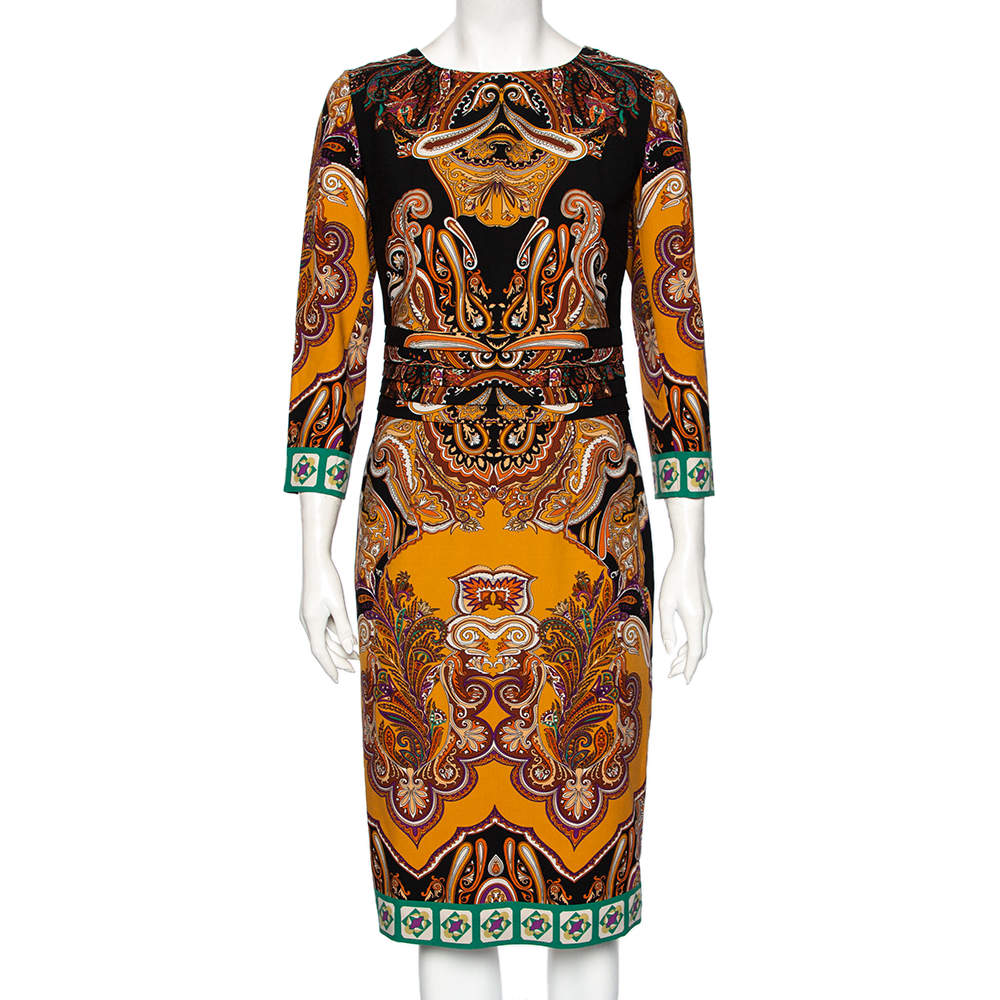 Pre Owned Etro Multicolor Paisley Printed Wool Pleated Waist Detail Sheath Dress M