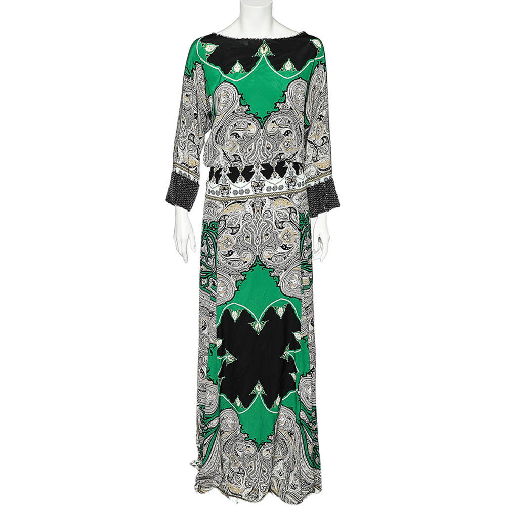 Pre Owned Etro Green Printed Crepe Silk Embellished Maxi Dress M