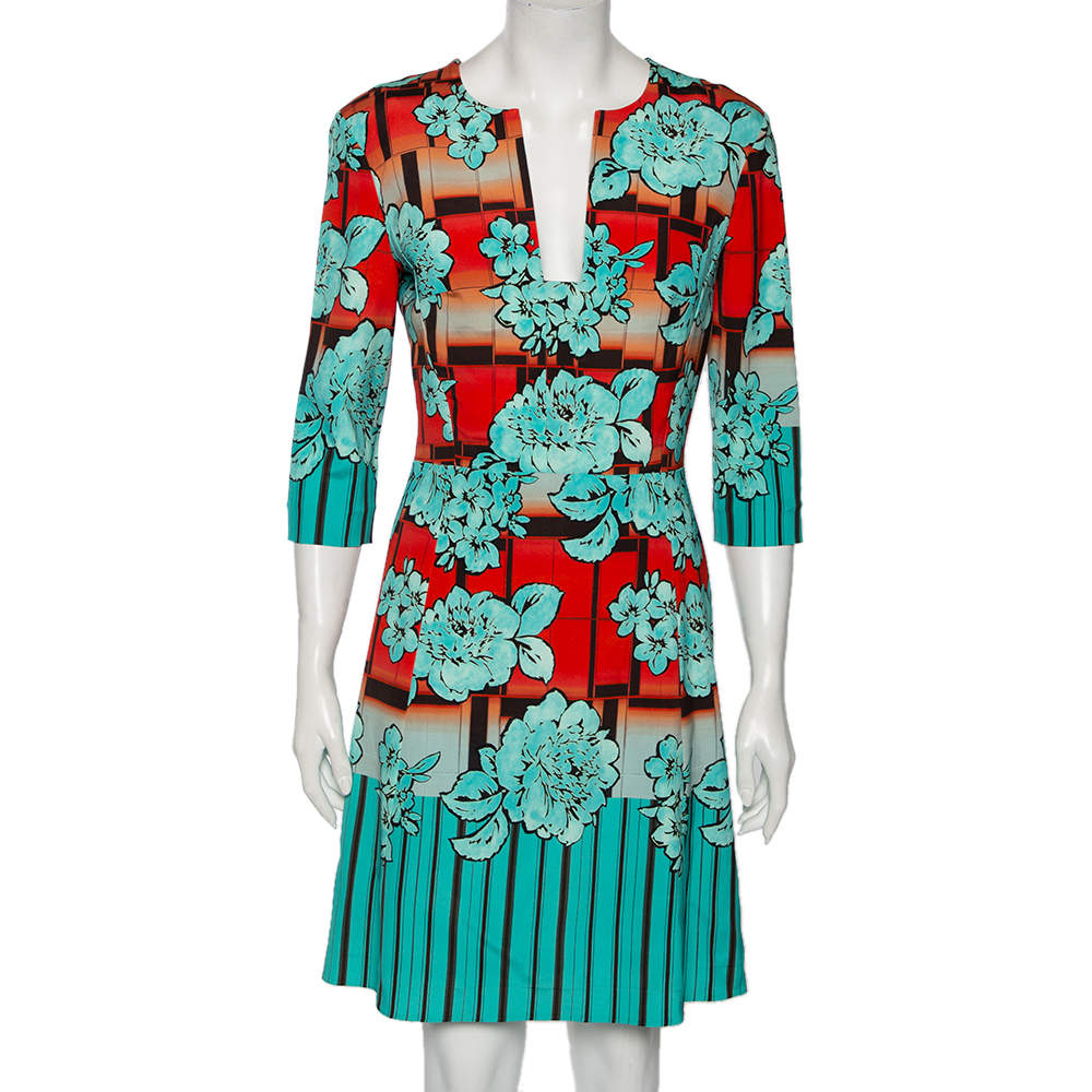 Pre Owned Etro Blue & Orange Floral Printed Crepe Shift Dress M