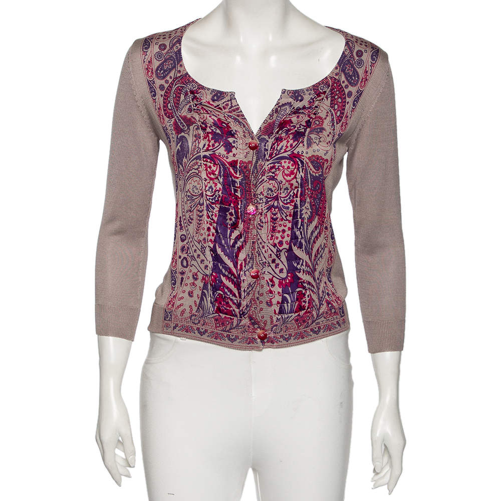 Pre Owned Etro Purple Paisley Printed Silk Knit Button Front Cardigan M