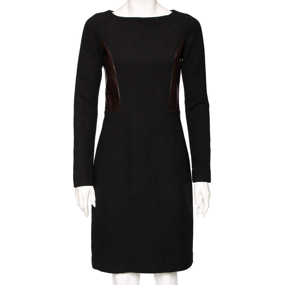 Pre Owned Etro Black Wool & Leather Detailed Long Sleeve Dress M