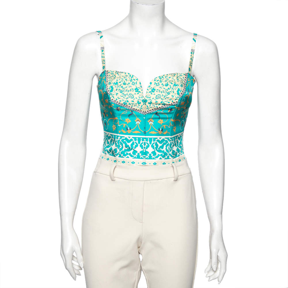 Pre Owned Etro Blue Printed Silk Cropped Bustier Top S