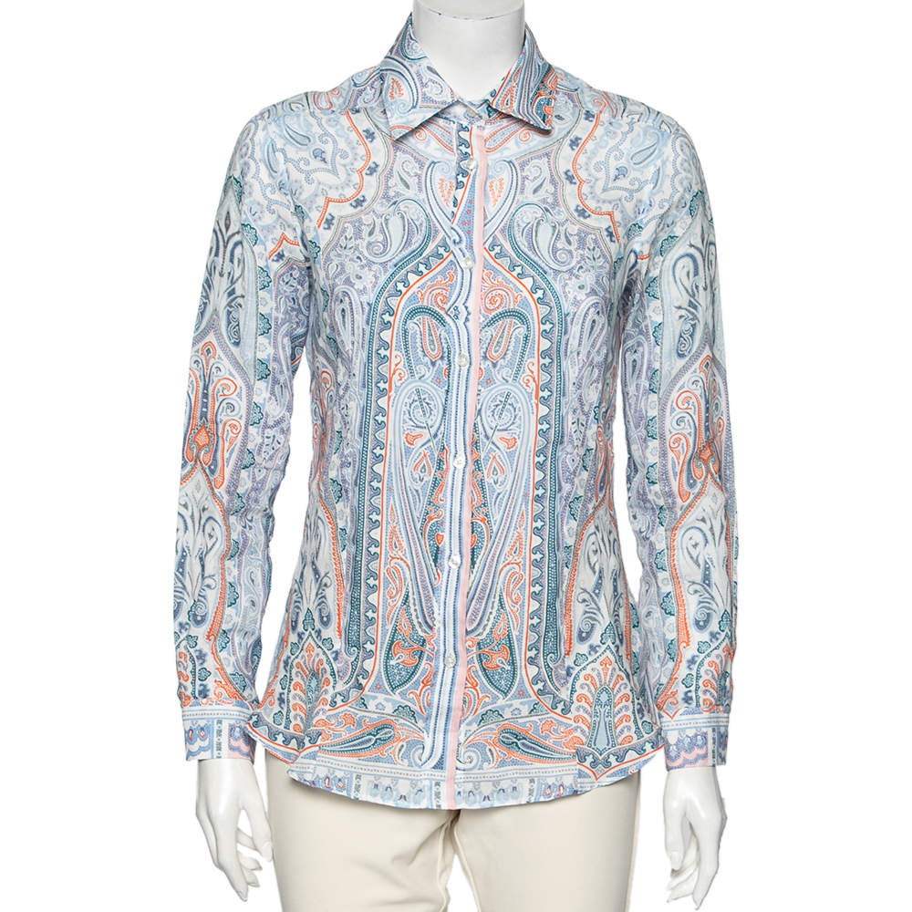 Pre Owned قميص إيترو رامي طباعة بايزلي أزرق بزر أمامي مقاس صغير - سمول