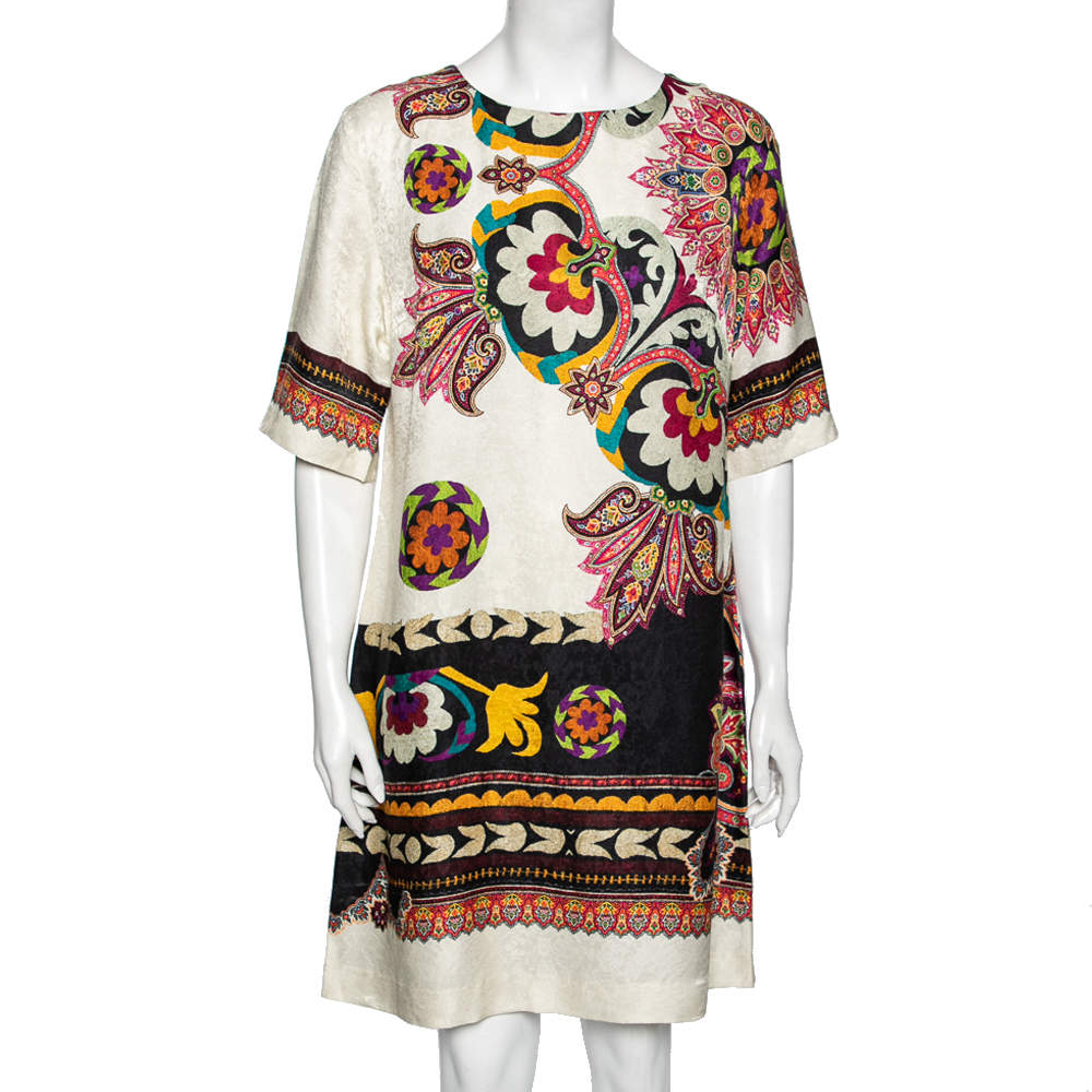 Pre Owned Etro White Printed Silk Blend Shift Dress L