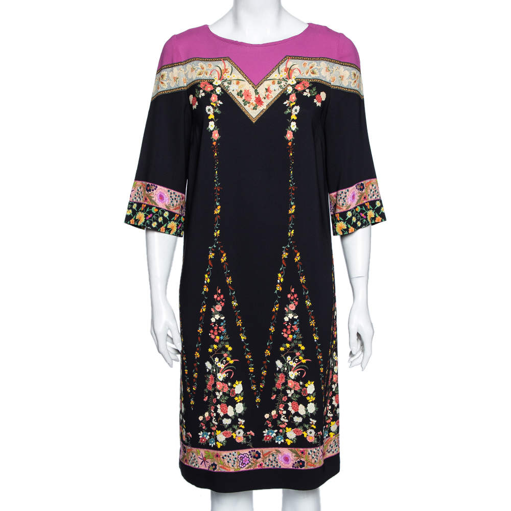 Pre Owned Etro Black Floral Printed Jersey Tunic Dress M