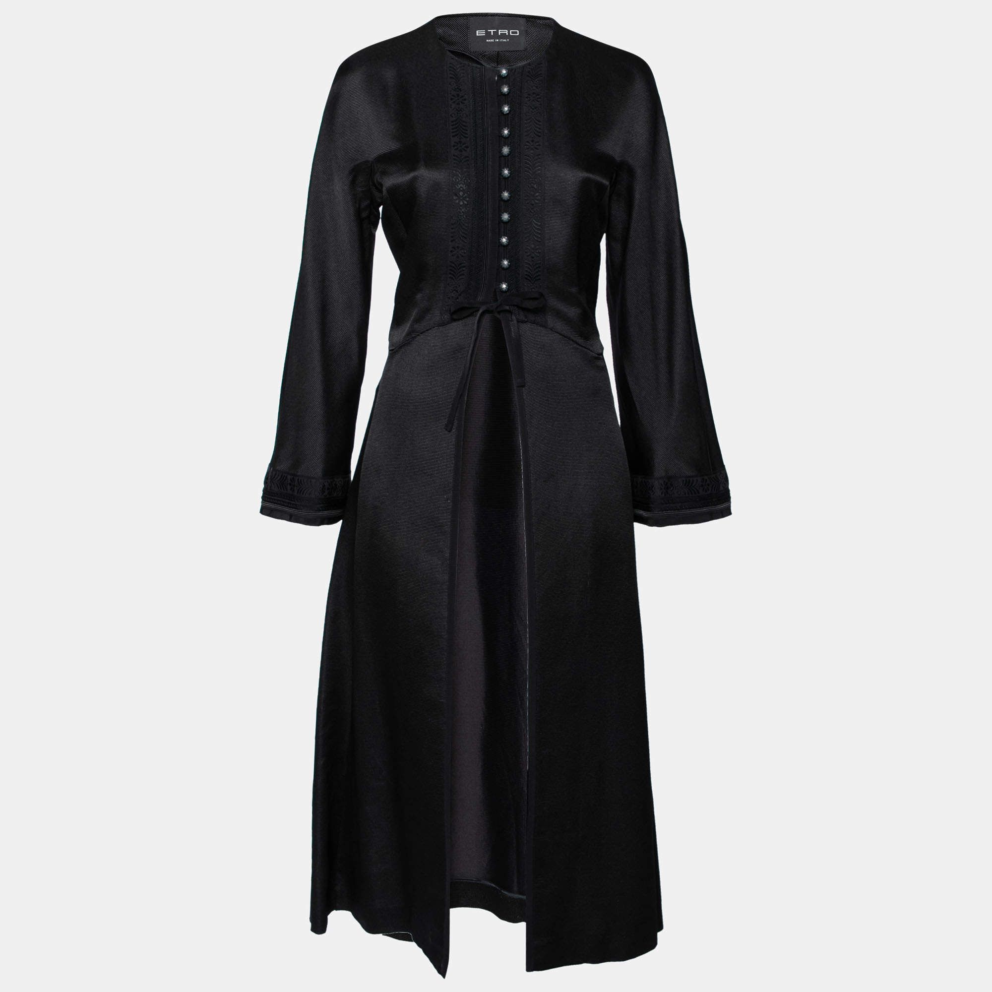Pre Owned Etro Black Textured Satin Ribbon Trimmed Long Coat M