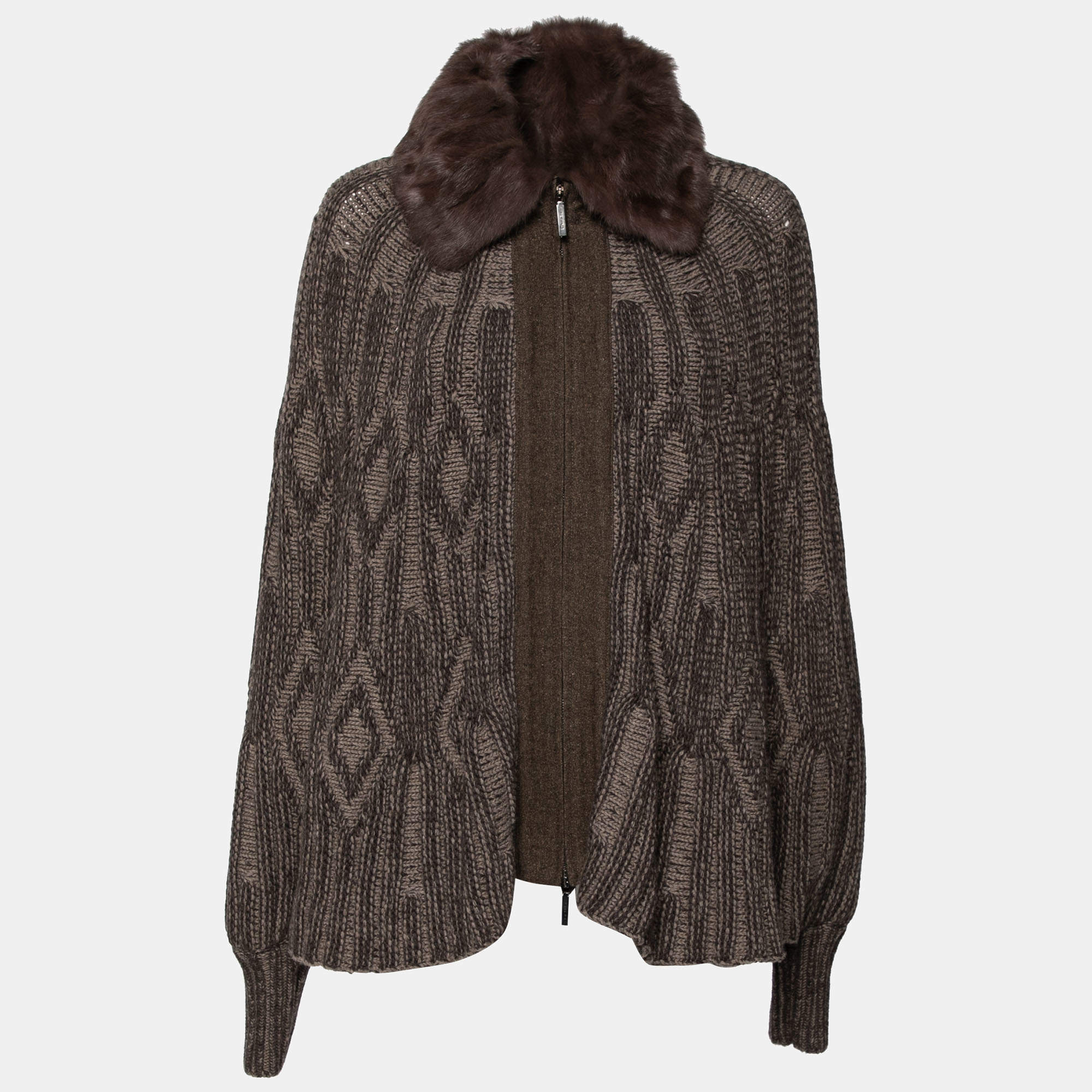 مملوكة مسبقًا Etro Brown Intarsia Knit Wool & Squirrel Fur Trimmed Zip Front Cardigan M 