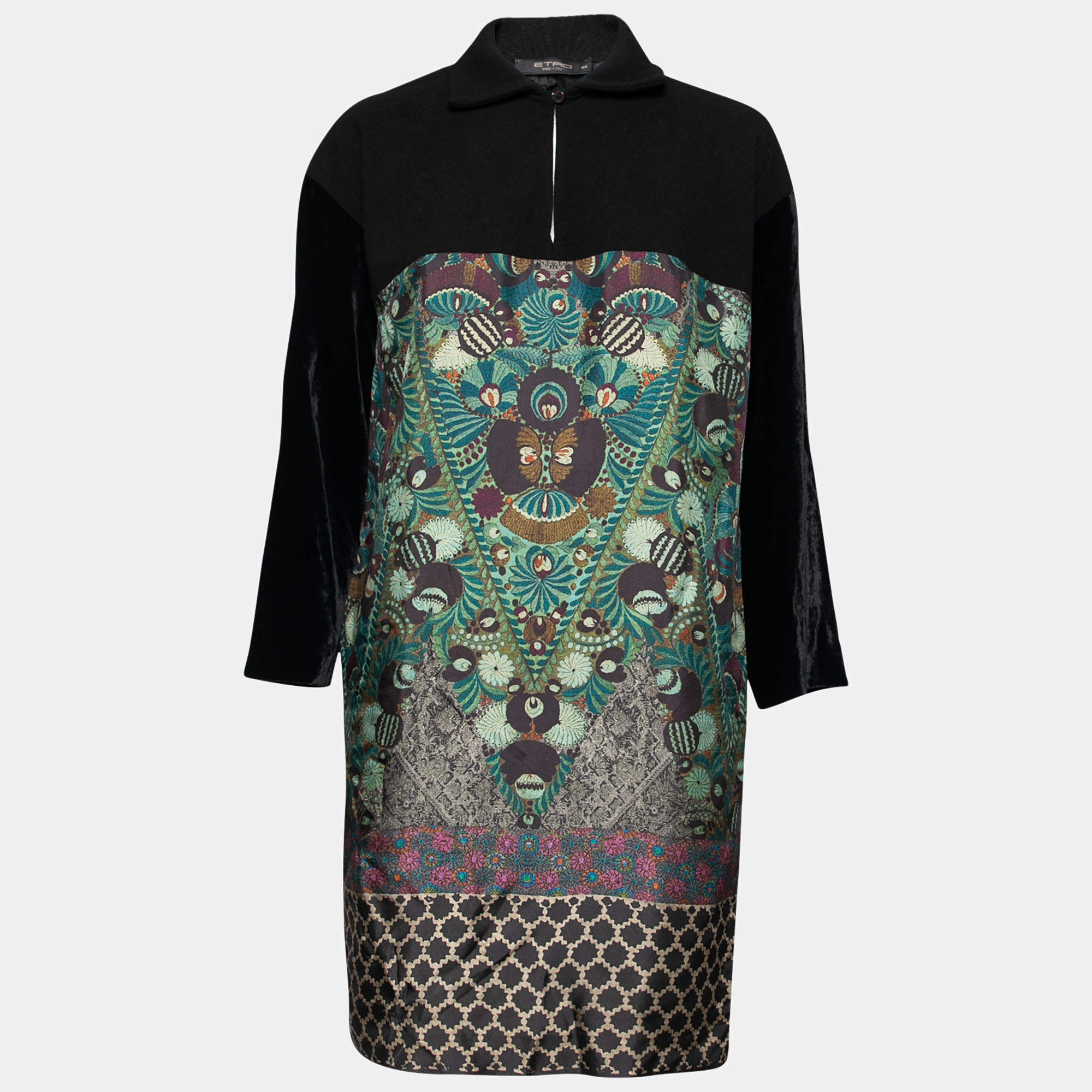 Etro Black Printed Silk and Wool Long Sleeve Collar Dress M