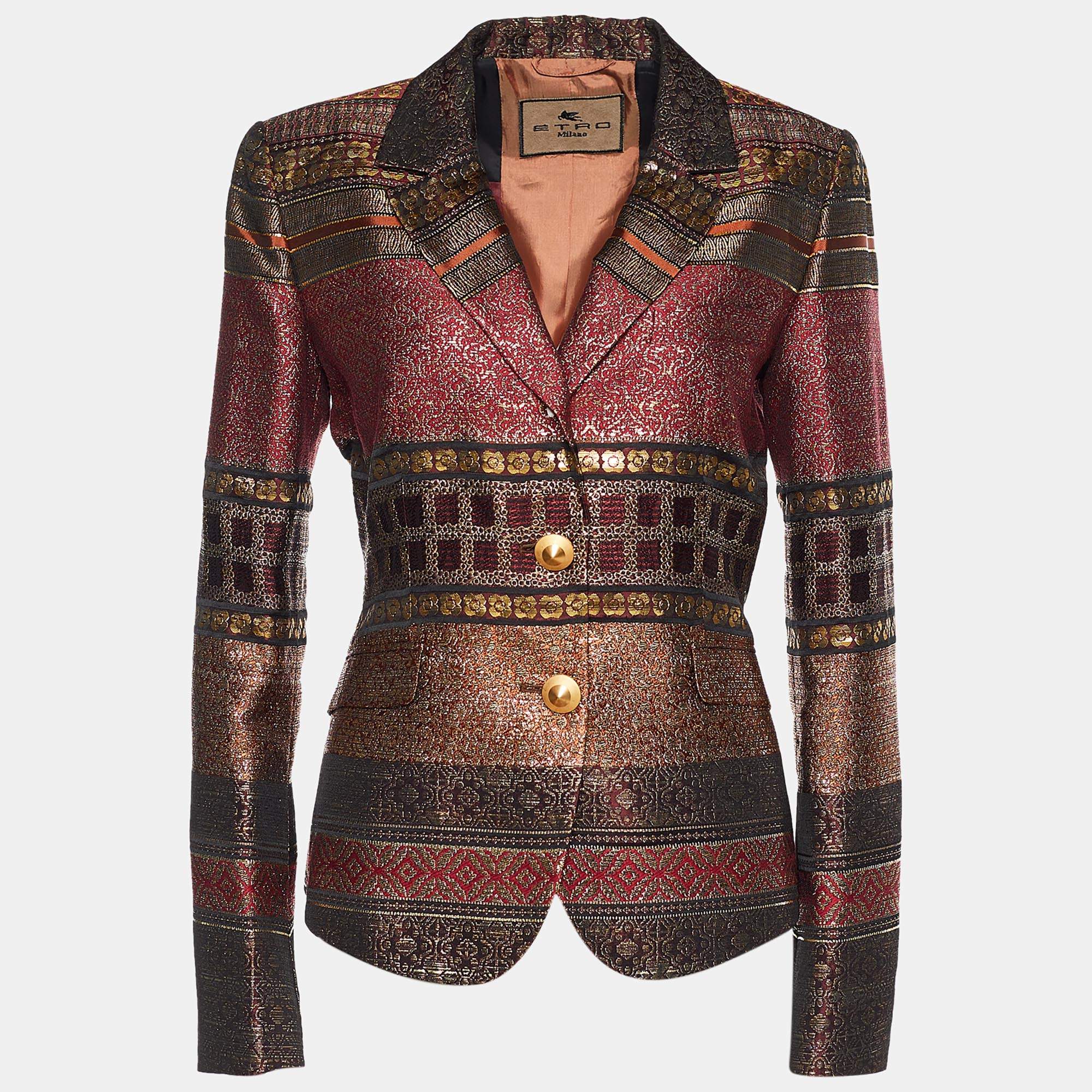 Pre Owned Etro Burgundy Lurex Patterned Brocade Blazer L