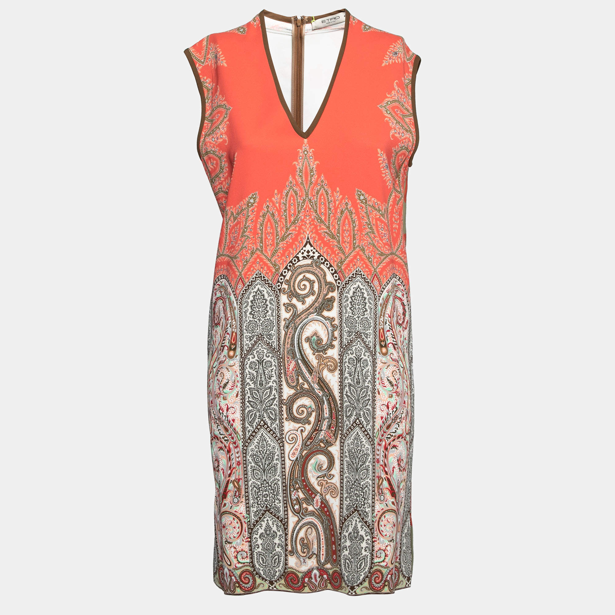 Pre Owned Etro Orange Printed Jersey Sleeveless V-Neck Dress M
