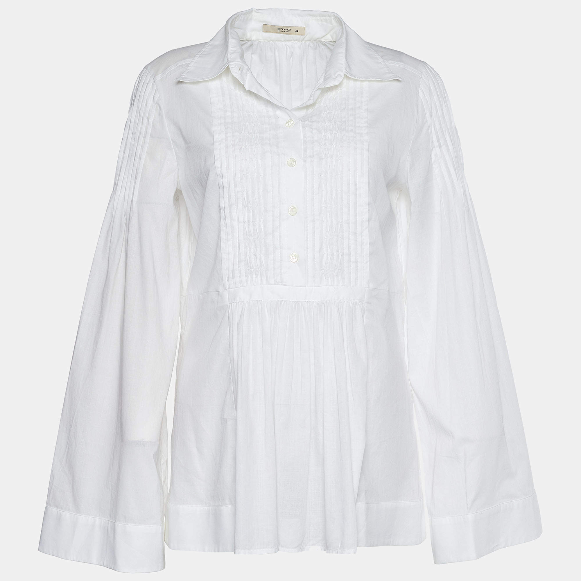 مملوكة مسبقًا Etro Vintage White Cotton Voile Pleated Flared Sleeve Top M