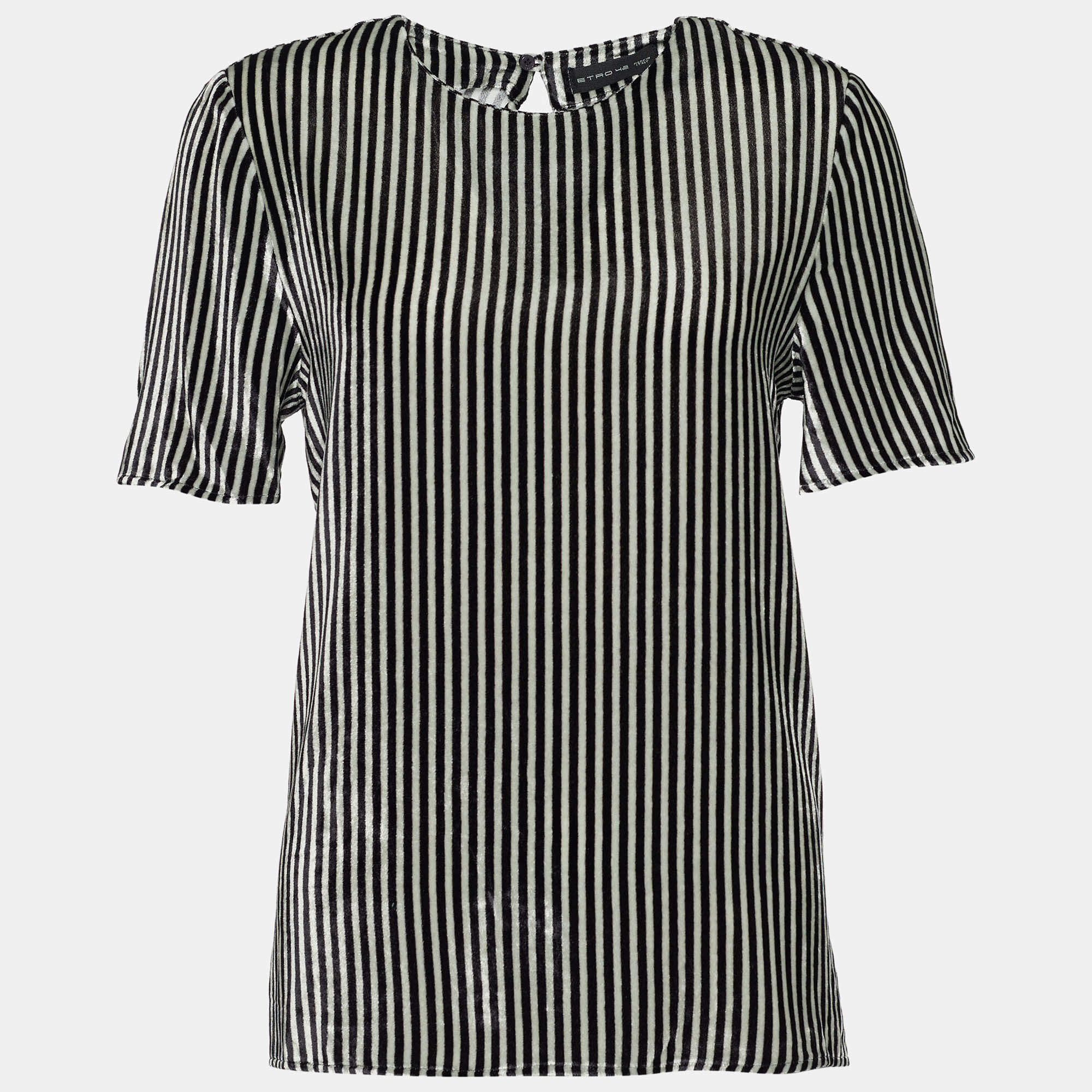 Pre Owned Etro Monochrome Striped Velvet Blouse M