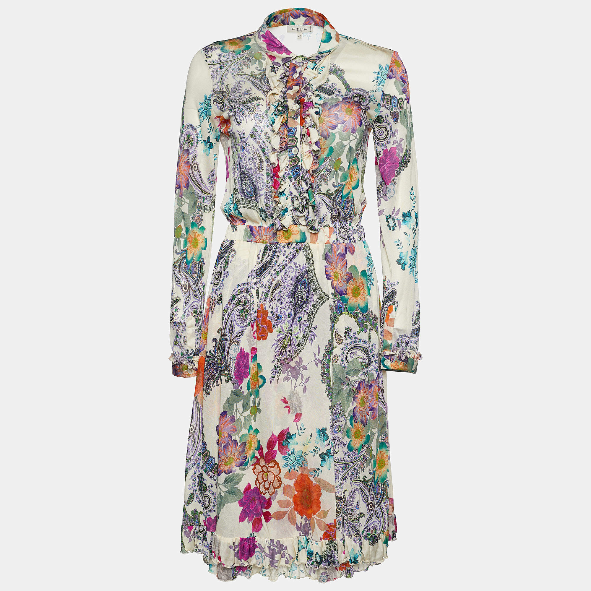 Pre Owned Etro Cream Printed Jersey Shirt Dress S