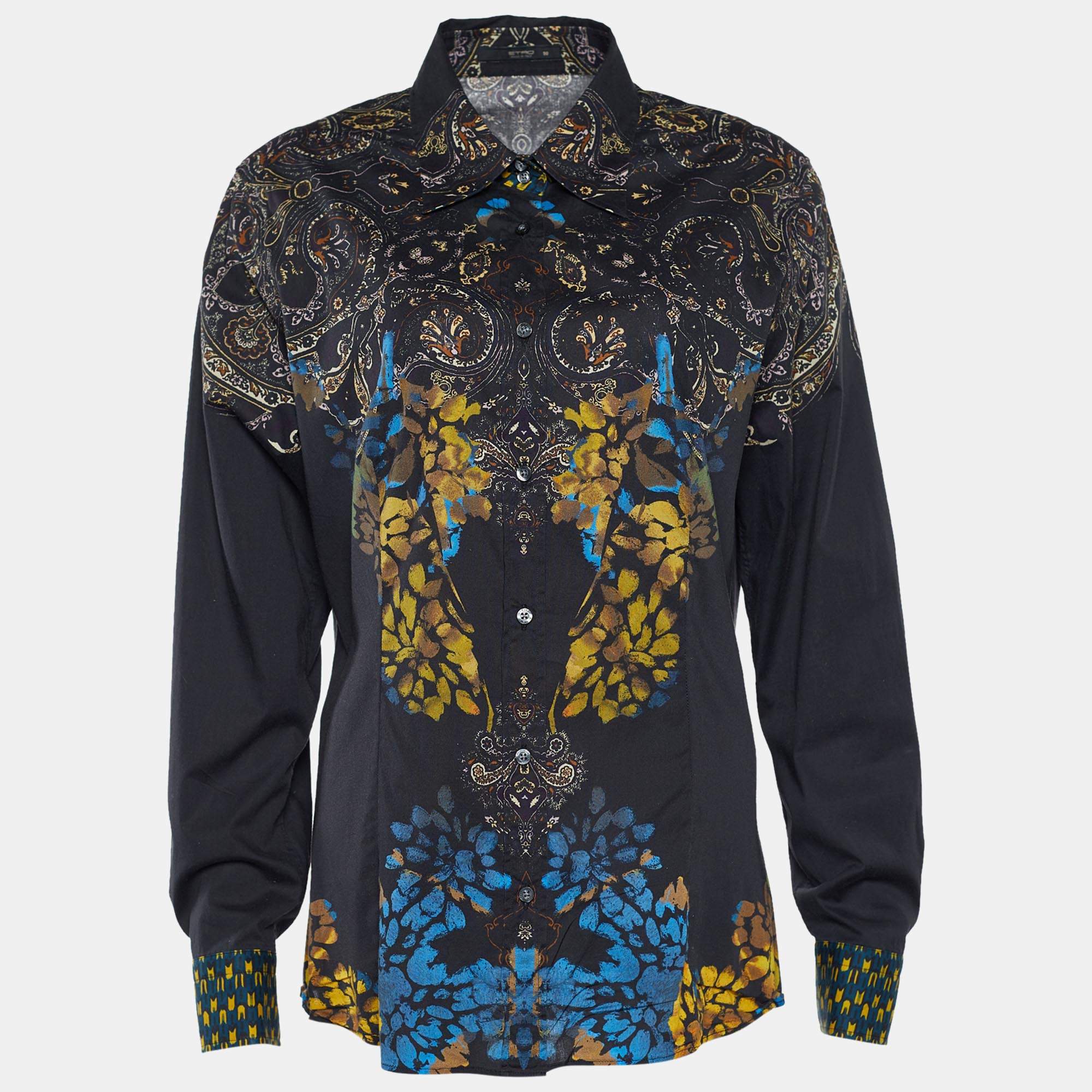 مملوكة مسبقًا قميص إيترو قطن أسود مطبوع مقاس كبير جدًا - إكس لارج