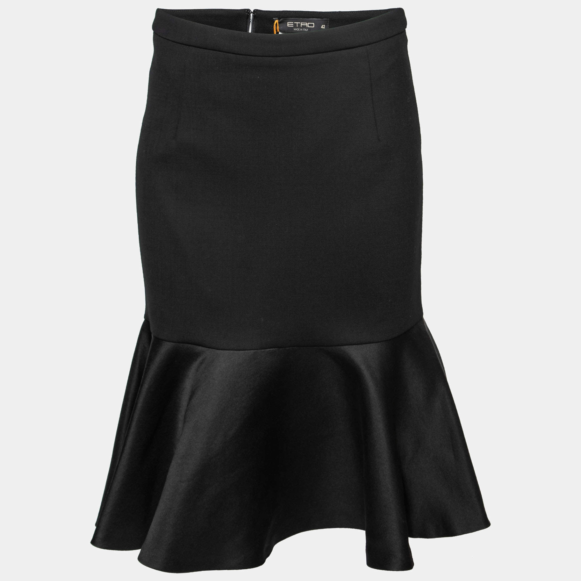 Pre Owned Etro Black Wool Blend Ruffle Hem Pencil Skirt M