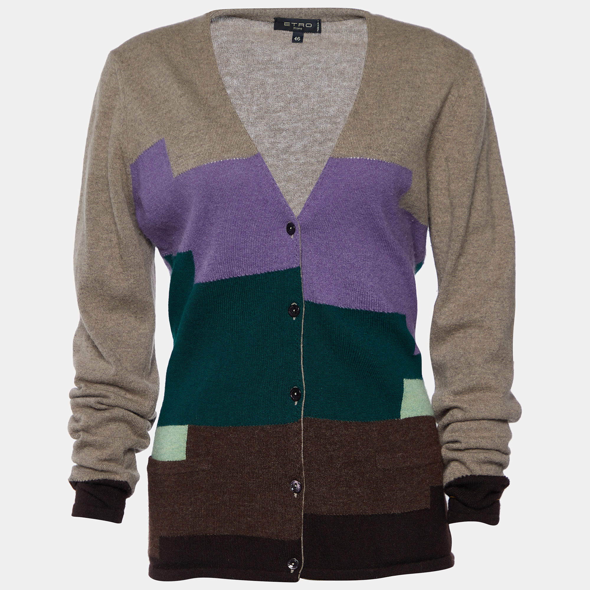 Pre Owned Etro Multicolor Geometric Patch Knit Wool Blend Cardigan L