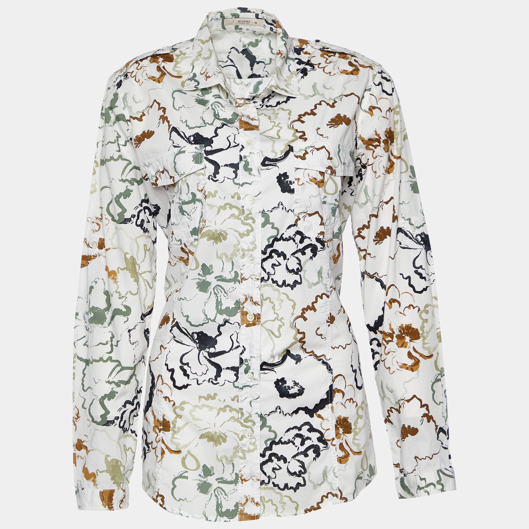 Pre Owned Etro White Floral Print Stretch Cotton Button Front Shirt L