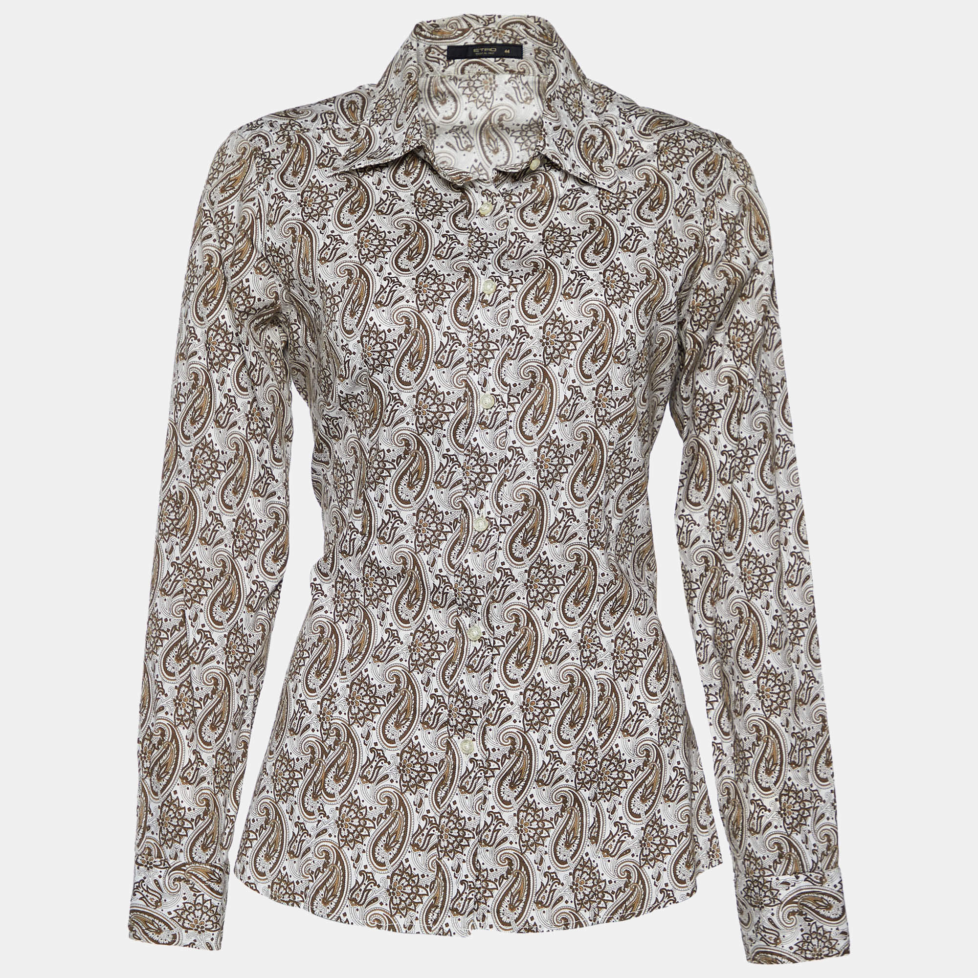Pre Owned Etro Brown & White Paisley Print Stretch Cotton Shirt M