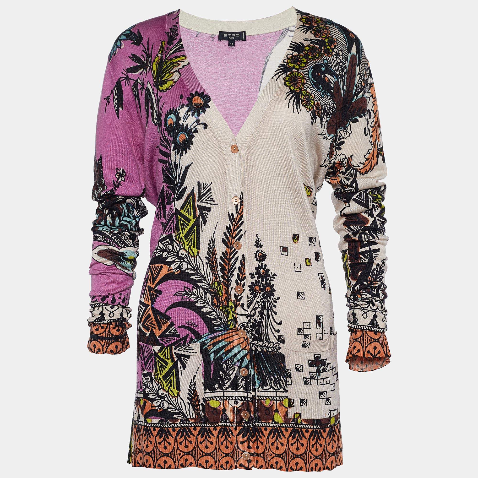 مملوكة مسبقًا Etro Purple & Beige Floral Print Silk Blend Cardigan M