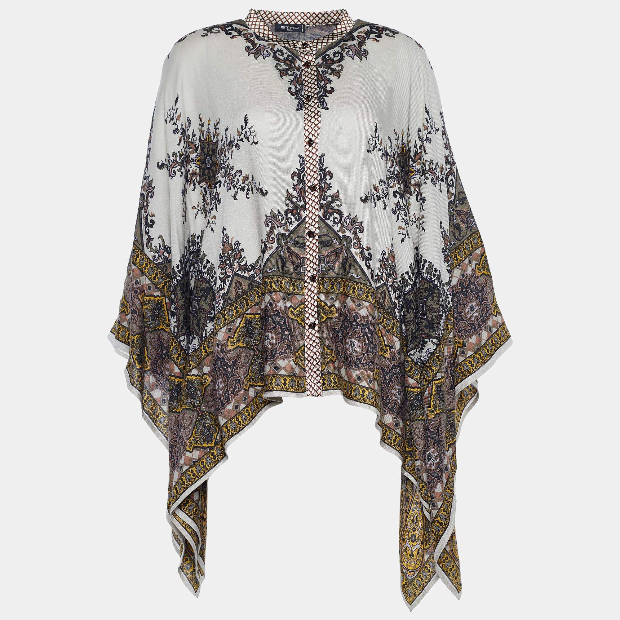 Pre Owned Etro Grey Baroque Print Wool Blend Kaftan Blouse M