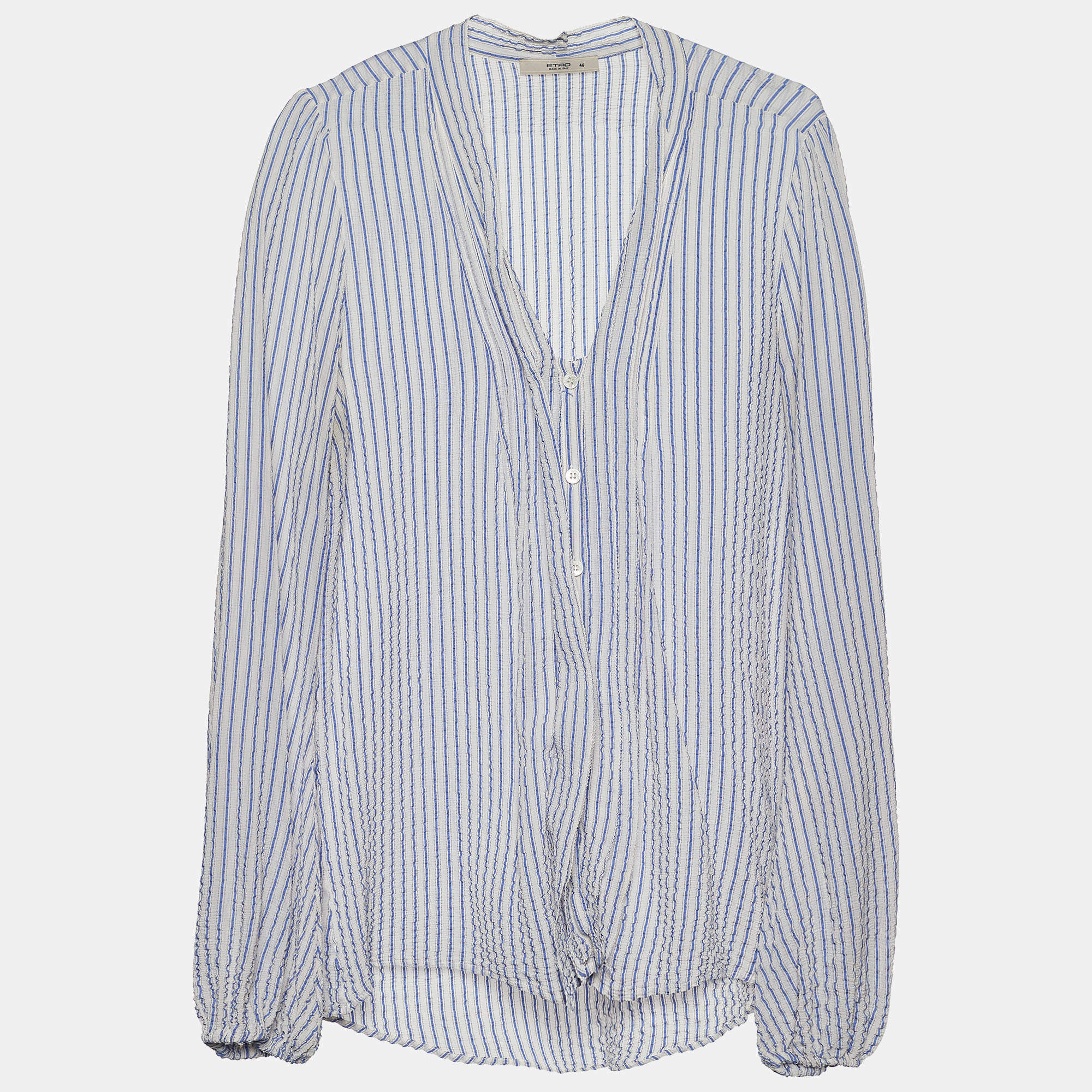 مملوكة مسبقًا Etro White & Blue Striped Silk Seersucker Blouse L