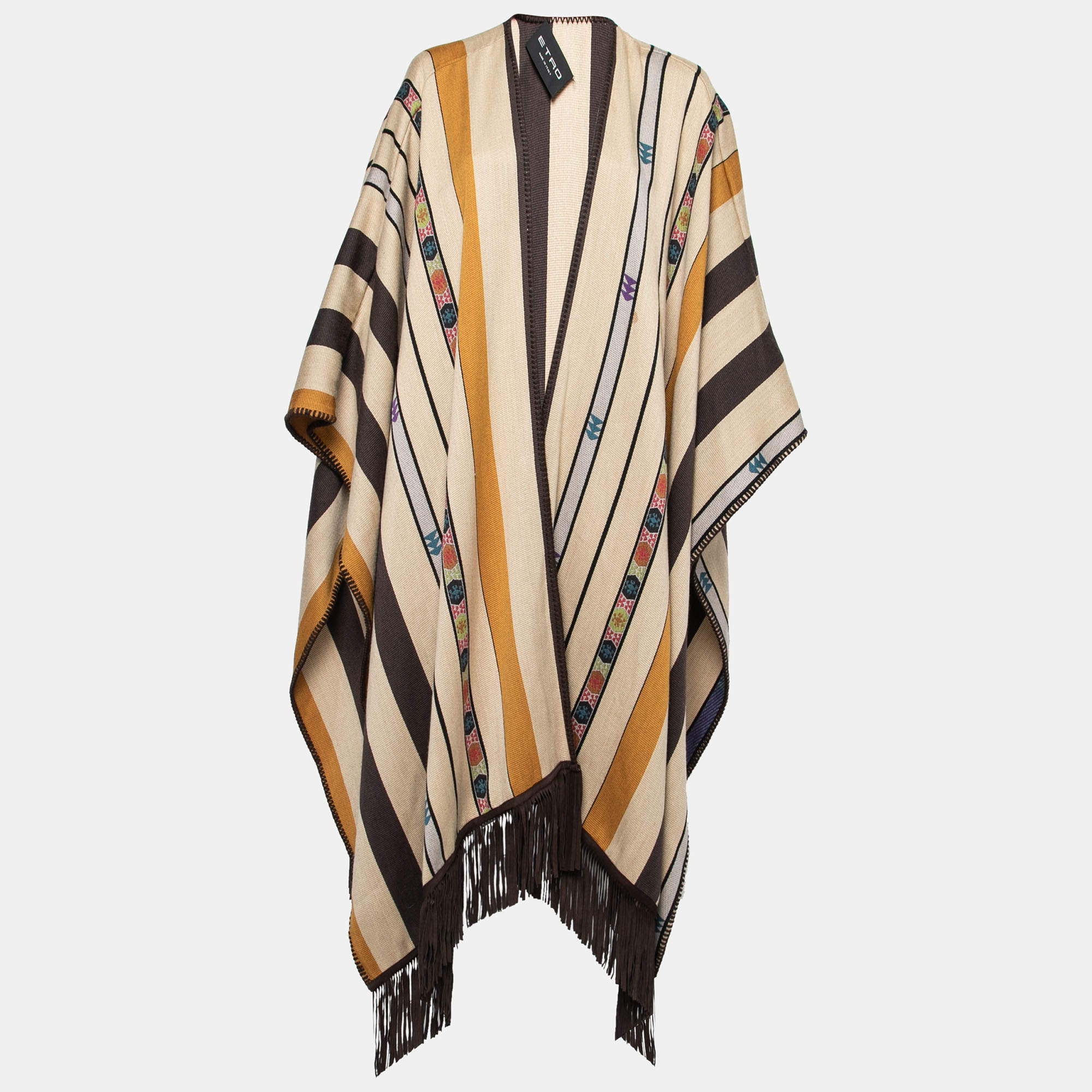 Pre Owned Etro Brown Geometric Pattern Print Wool Fringed Cape One Size