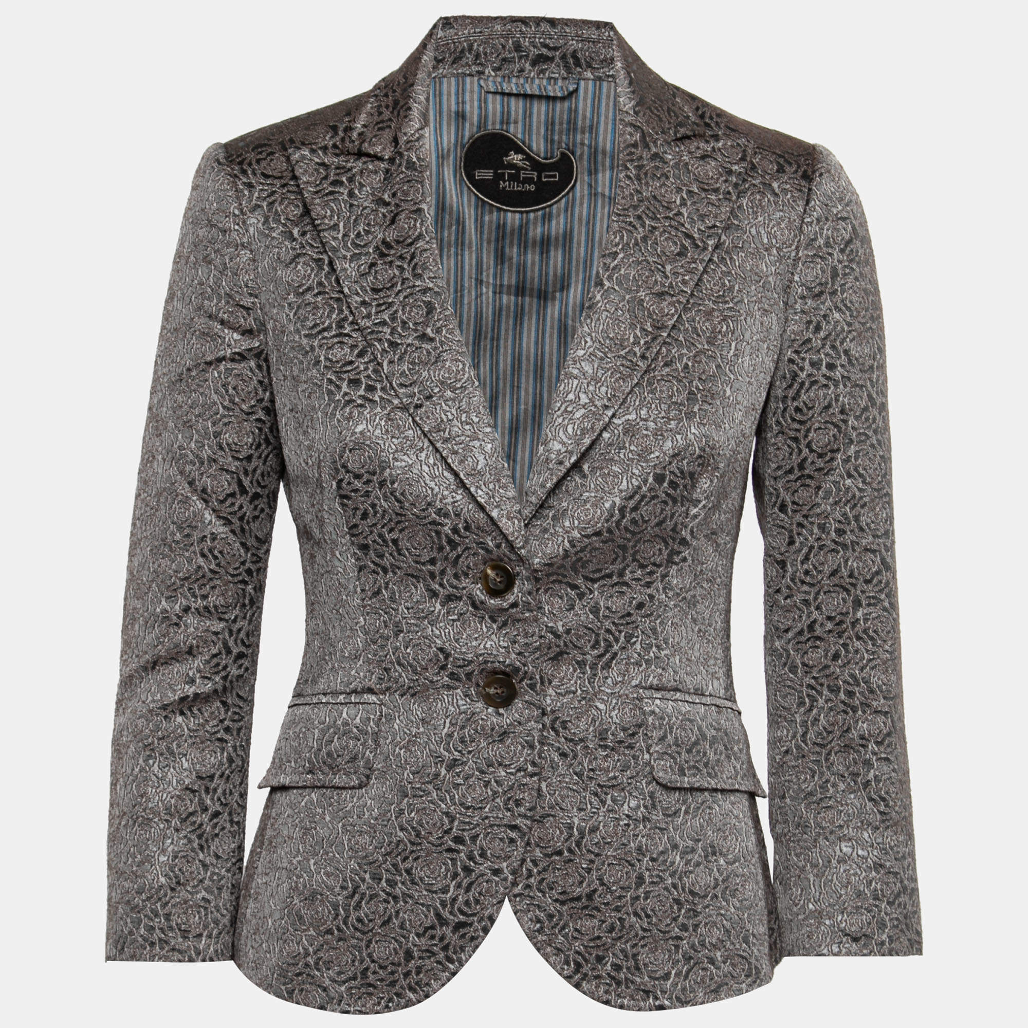 Pre Owned Etro Grey Rose Textured Lurex Jacquard Single-Breasted Jacket M