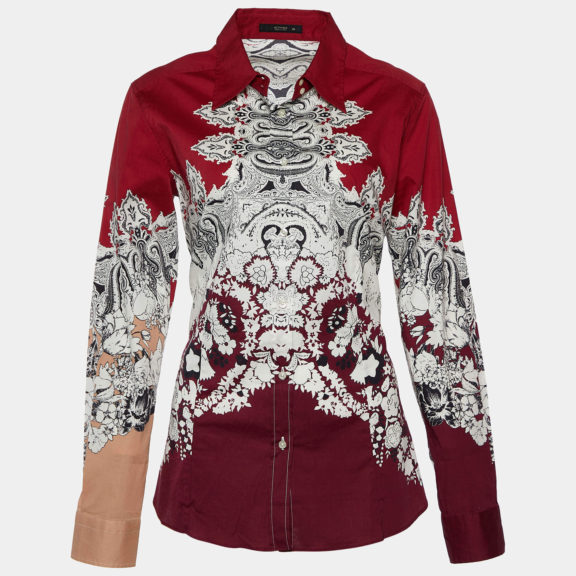Pre Owned Etro Red Floral Paisley Print Stretch Cotton Button Front Shirt L